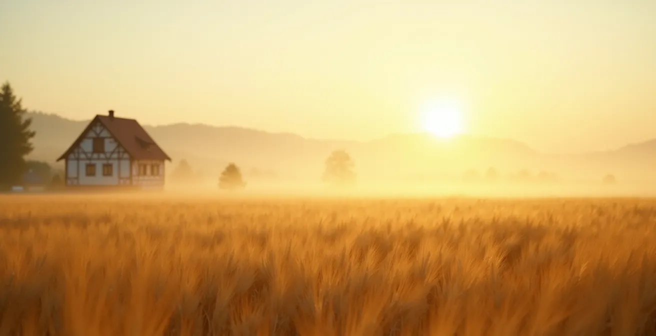 Weites, goldenes Gerstenfeld in der deutschen Landschaft mit einem Fachwerkhaus im Hintergrund