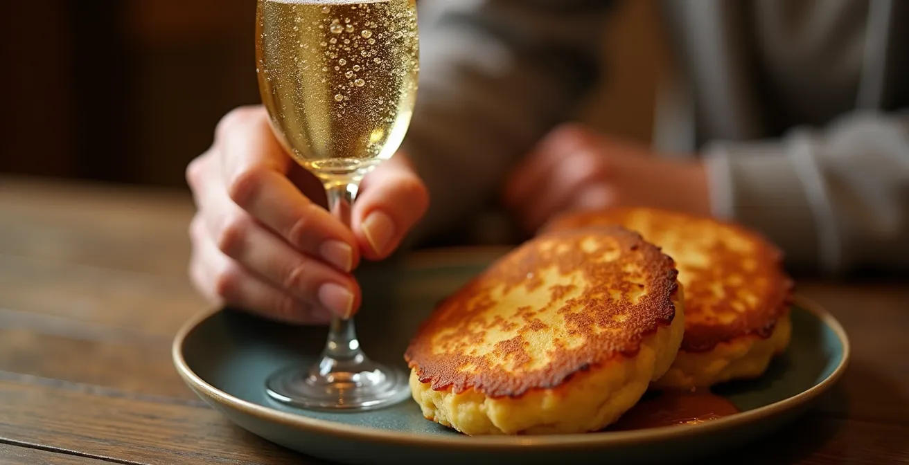 Perlender Sekt in einem Glas neben goldbraunen Kartoffelpuffern mit Apfelmus auf einem Teller