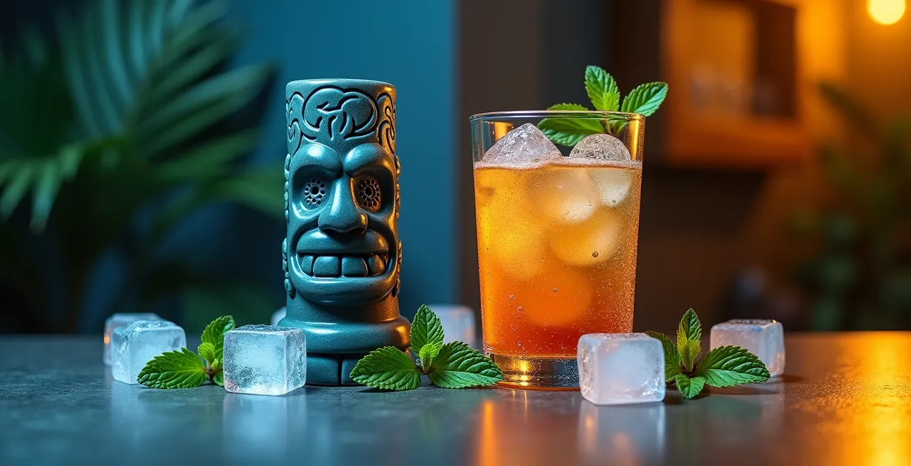 Vergleich eines Tiki-Keramikbechers mit einem Glasbecher beim Mai Tai Service
