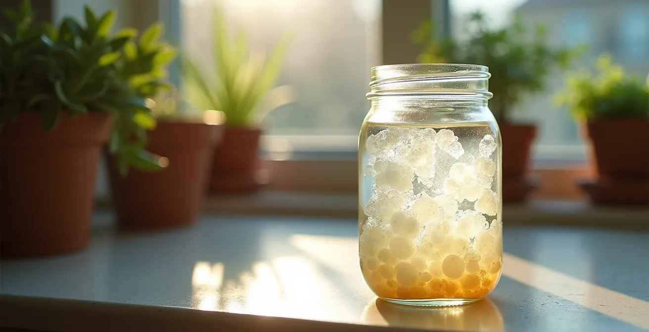 Wasserkefir-Kristalle in einem Glasgefäß auf einer sonnigen Fensterbank, die das Licht durchscheinen lässt.
