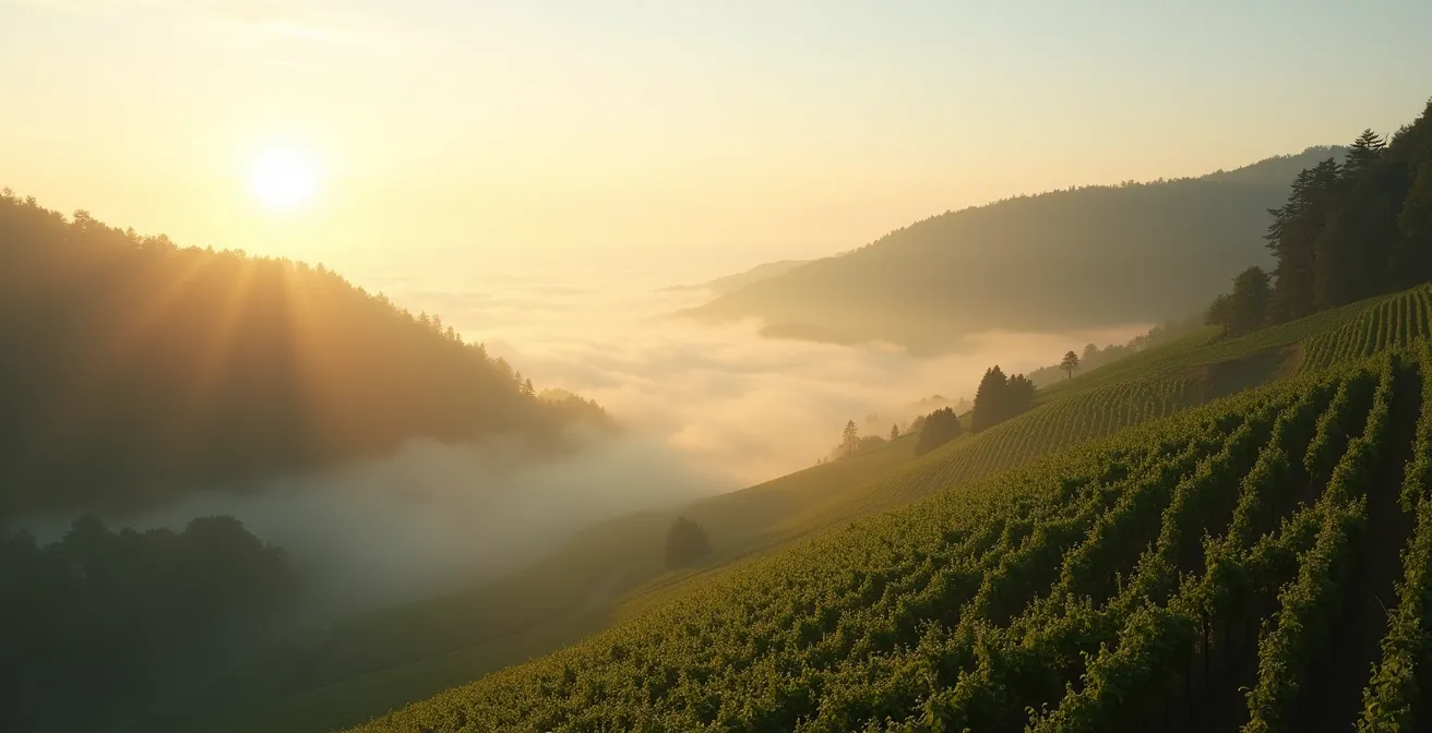 Detaillierter Querschnitt eines Weinbergs mit verschiedenen Hangzonen und Mikroklimabedingungen