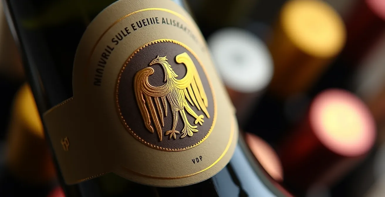 Detailaufnahme eines deutschen Weinetiketts mit VDP-Adler und Qualitätssiegeln