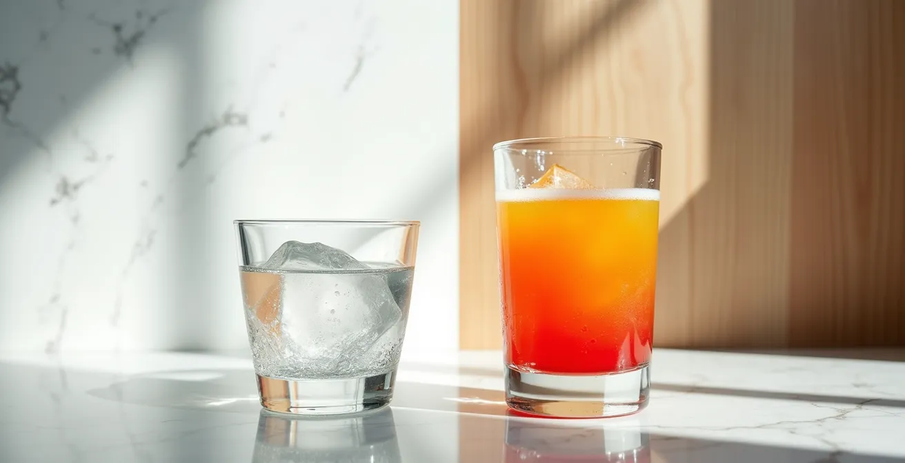 Split-Screen Komposition zeigt links hochwertigen Wodka pur, rechts gemischt mit Energy-Drink