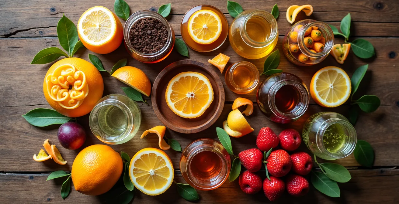 Anordnung von Cocktail-Zutaten aus Lebensmittelresten